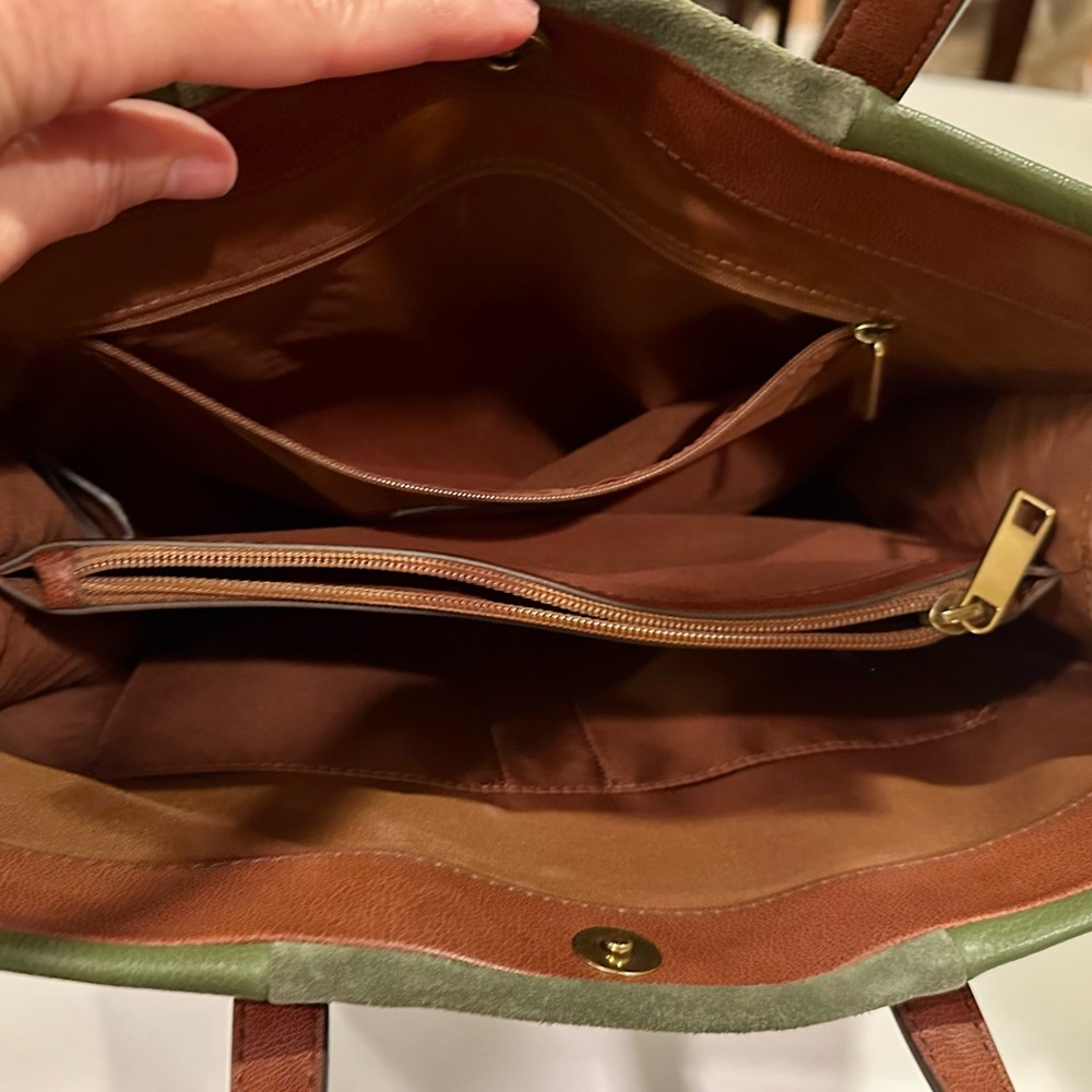 Fossil Leather Suede Green Tote Handbag Green Brown Handles Work Travel Safari - Picture 9 of 16
